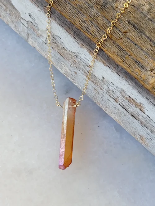 Single Raw Peach Quartz Crystal Pendant Necklace in Gold - Image 2