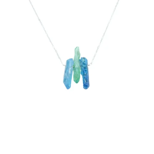 Raw Blue and Green Titanium Quartz Necklace - Handcrafted, Hypoallergenic, 16" Silver Chain