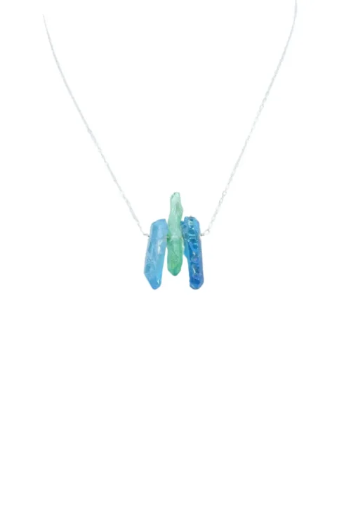 Raw Blue and Green Titanium Quartz Necklace - Handcrafted, Hypoallergenic, 16" Silver Chain