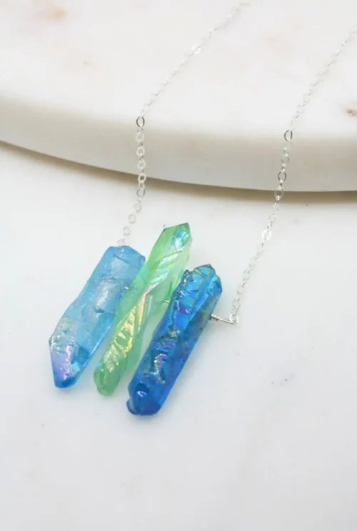 Raw Blue and Green Titanium Quartz Necklace - Handcrafted, Hypoallergenic, 16" Silver Chain - Image 2