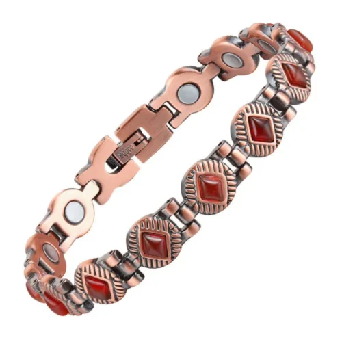 Ladies Copper Magnetic Bracelet with Healing Red Stones for Double Therapy - Stylish and Therapeutic Jewelry