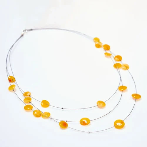 Raw Layered Butterscotch Amber Discs Necklace Genuine Baltic Amber Jewelry, 16.5" Multi-Strand Steel Design
