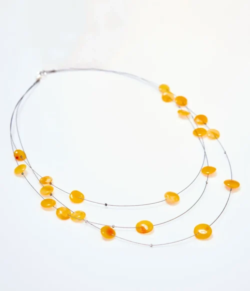 Raw Layered Butterscotch Amber Discs Necklace Genuine Baltic Amber Jewelry, 16.5" Multi-Strand Steel Design