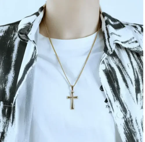 Stainless Steel Men's Cross Pendant Necklace - Silver and Gold - Image 2
