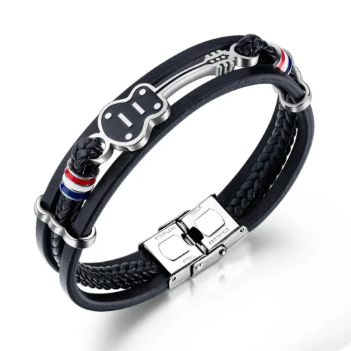 Steel Black Mens Leather Guitar Bracelet | Stylish & Durable Men's Accessory