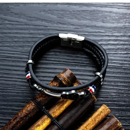 Steel Black Mens Leather Guitar Bracelet | Stylish & Durable Men's Accessory - Image 2