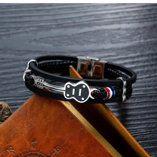 Steel Black Mens Leather Guitar Bracelet | Stylish & Durable Men's Accessory - Image 3