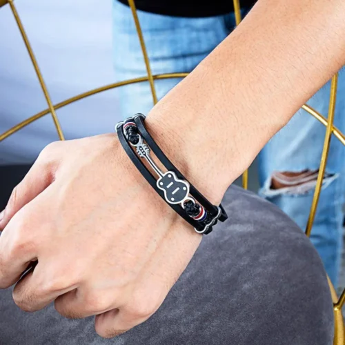Steel Black Mens Leather Guitar Bracelet | Stylish & Durable Men's Accessory - Image 5