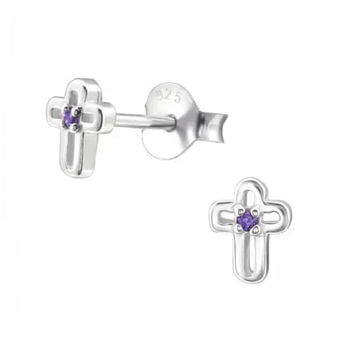 Silver Birthstone Cross Stud Earrings - Sterling Silver Jewelry - Image 2