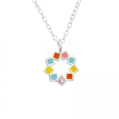 Kids Sterling Silver Geometric Pendant Necklace with Colorful Crystals