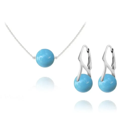 Elegant Silver Pearl Pendant Necklace Jewellery Set with Turquoise Accents