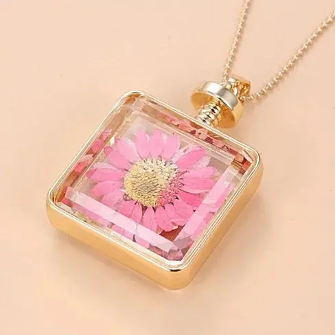 Coral Floral Big Wildflower Necklace - Handmade Square Glass Pendant, Perfect Valentine's Day Gift