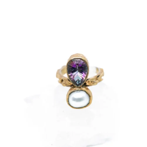 The MYSTIC Ring - Handcrafted 24K Gold & Silver Adjustable Ring with Mystic Topaz & Pearl