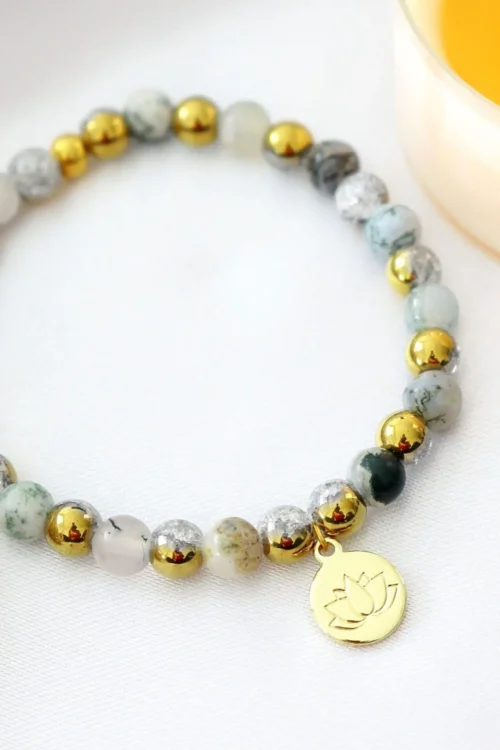 Mossy Agate Elastic Bracelet | 24K Lotus Flower - Image 2