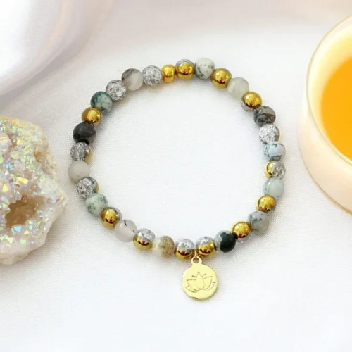 Mossy Agate Elastic Bracelet | 24K Lotus Flower