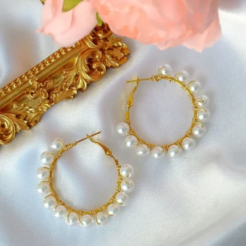 Aurora 24K Pearl Hoops - Elegant Hand-Wired Gold Plated Hypoallergenic Earrings