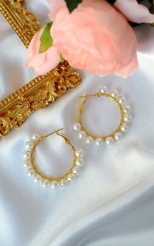 Aurora 24K Pearl Hoops - Elegant Hand-Wired Gold Plated Hypoallergenic Earrings