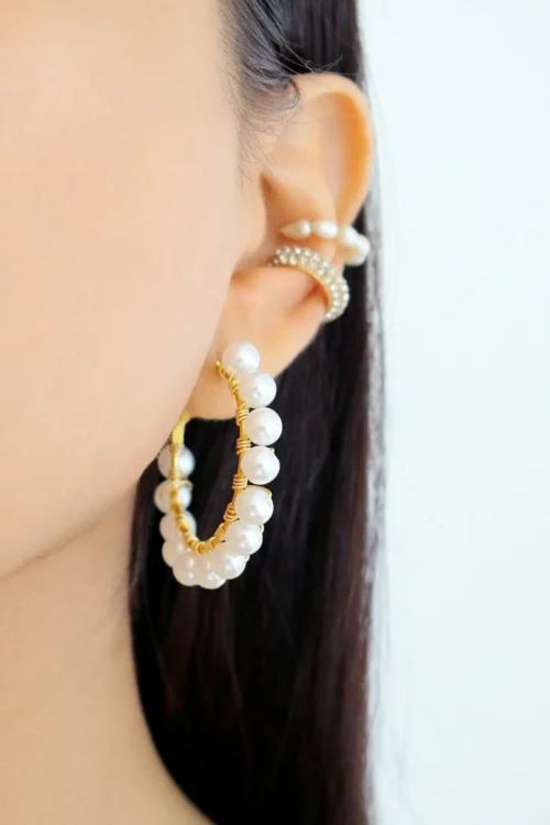Aurora 24K Pearl Hoops - Elegant Hand-Wired Gold Plated Hypoallergenic Earrings - Image 2