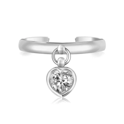 Elegant Sterling Silver Rhodium Finished Heart Cubic Zirconia Charm Toe Ring