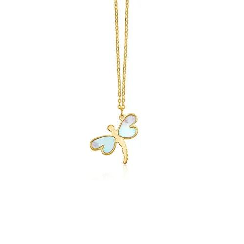 14k Yellow Gold Dragonfly Necklace with White Mother of Pearl - Image 4