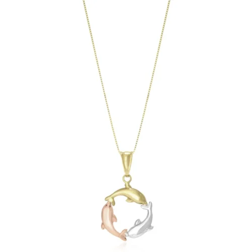 14k Tri-Color Gold Round Dolphin Design Pendant - Image 2