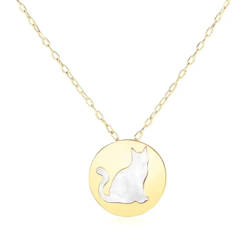 14k Yellow Gold Necklace with Cat Symbol in Mother of Pearl - Image 2