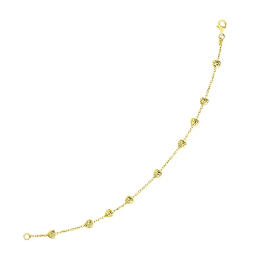 14k Yellow Gold Chain Bracelet with Puffed Diamond Cut Heart Stations - Image 2