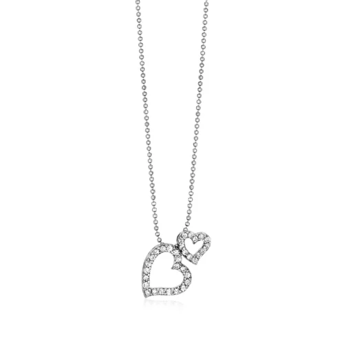 Sterling Silver Necklace with Two Open Hearts and Cubic Zirconias - Image 3