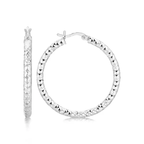 Sterling Silver Faceted Motif Large Hoop Earrings with Rhodium Plating - Elegant and Timeless