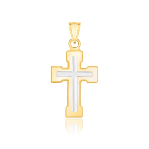 14k Two-Tone Gold Dual Cross Design Pendant with Block Ends - Elegant Religious Jewelry
