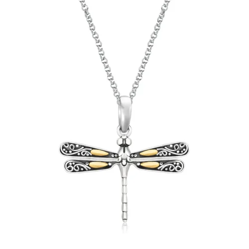 Elegant 18k Yellow Gold and Sterling Silver Dragonfly Pendant Exquisite Jewelry Gift
