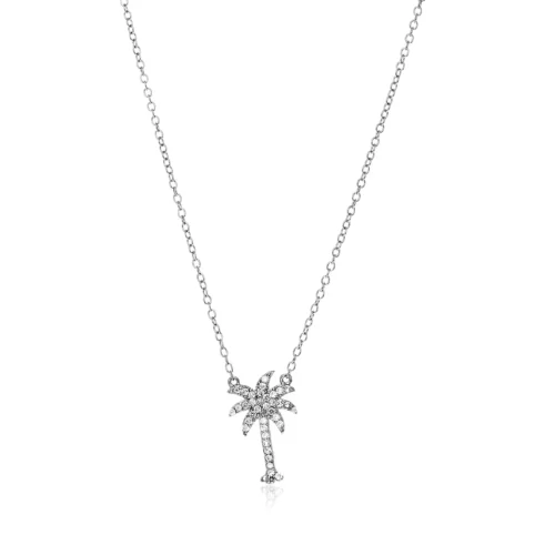 Elegant Sterling Silver Palm Tree Necklace with Sparkling Cubic Zirconias - 18 Inch Cable Chain, Lobster Clasp