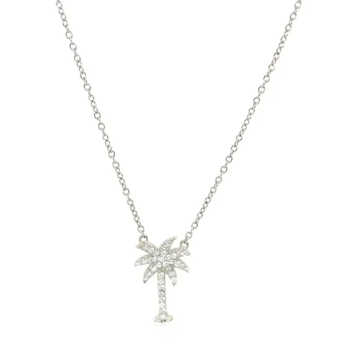 Elegant Sterling Silver Palm Tree Necklace with Sparkling Cubic Zirconias - 18 Inch Cable Chain, Lobster Clasp - Image 2