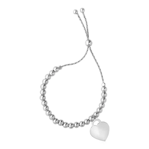 Elegant Adjustable Shiny Bead Bracelet with Heart Charm in Sterling Silver