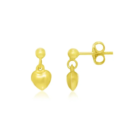14k Yellow Gold Puffed Heart Children's Dangling Earrings - Elegant & Adorable
