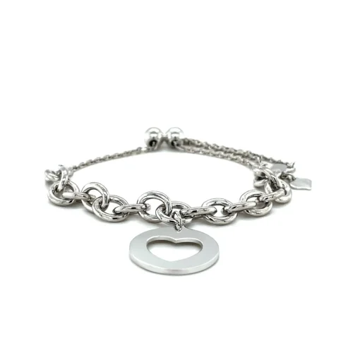 Elegant Sterling Silver Adjustable Bracelet with Heart Cutout Charm - 9 1/4 inch - Image 2