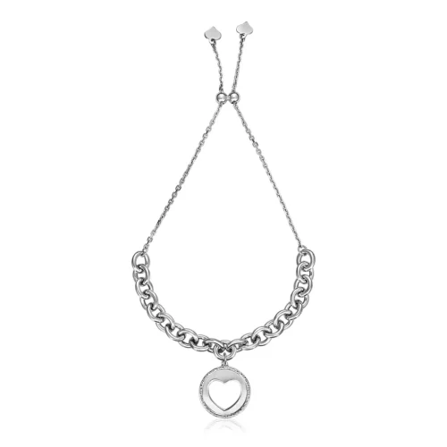 Elegant Sterling Silver Adjustable Bracelet with Heart Cutout Charm - 9 1/4 inch