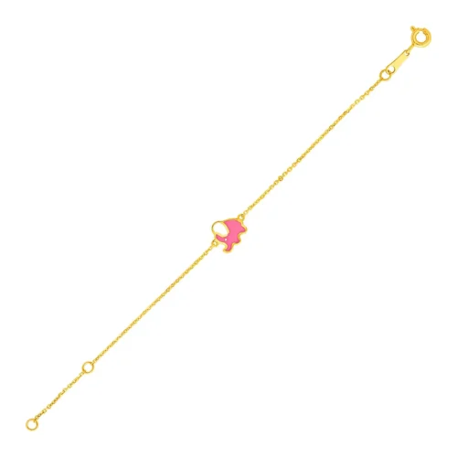 14k Yellow Gold Children's Bracelet with Enameled Pink Elephant, 5 1/2 inch
