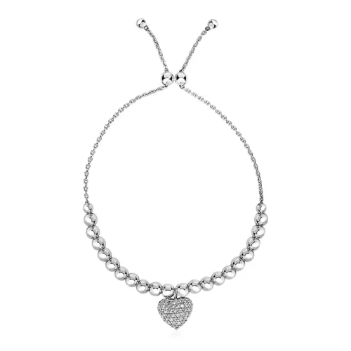 Adjustable Bead Bracelet with Round Charm and Cubic Zirconias in Sterling Silver - Image 2