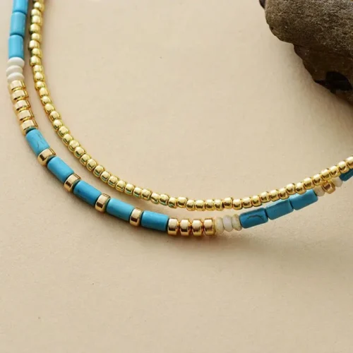 Turquoise & Gold Seed Beads Necklace - Image 3