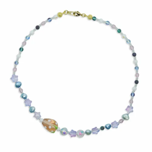 SWEET STRAWBERRY Necklace - Chic Light Blue Freshwater Pearls with Strawberry Lampwork Bead