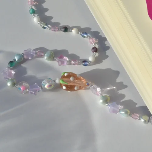 SWEET STRAWBERRY Necklace - Chic Light Blue Freshwater Pearls with Strawberry Lampwork Bead - Image 2