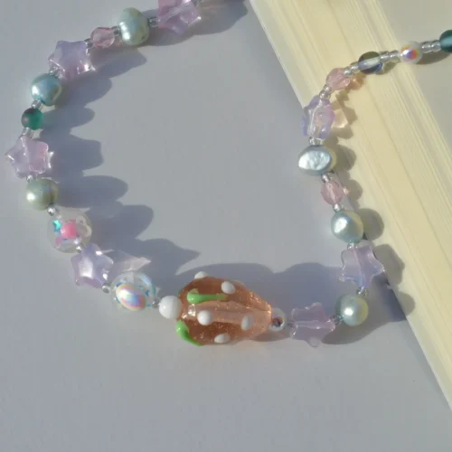 SWEET STRAWBERRY Necklace - Chic Light Blue Freshwater Pearls with Strawberry Lampwork Bead - Image 3