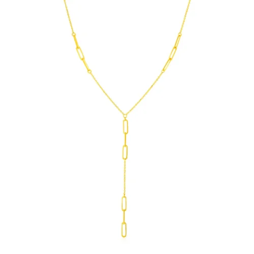Elegant 14K Yellow Gold Lariat Necklace with Paperclip Chain Stations | Classic & Trendy