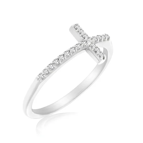 14k White Gold Cross Motif Ring with Diamond Accents (.11cttw) Elegant & Sparkling Jewelry
