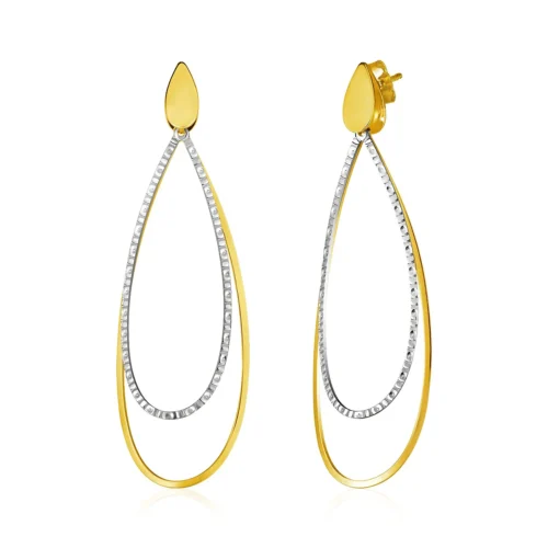 Elegant 14k Two Tone Gold Textured and Polished Open Teardrop Post Earrings - Modern Drama & Classic Style