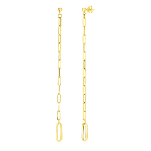 14k Yellow Gold Long Paperclip Chain Dangle Earrings - Elegant & Modern Design