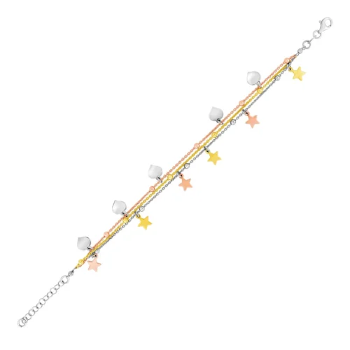 Sterling Silver 7 1/2 inch Three Toned Bracelet with Polished Hearts and Stars - Image 2