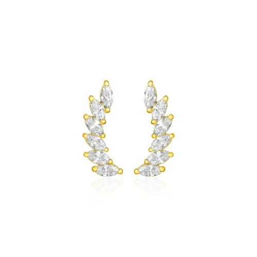 14k Yellow Gold Leaf Motif Climber Post Earrings with Marquise Cubic Zirconias