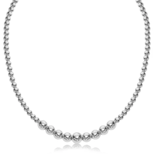 Sterling Silver Rhodium Plated Graduated Motif Polished Bead Necklace